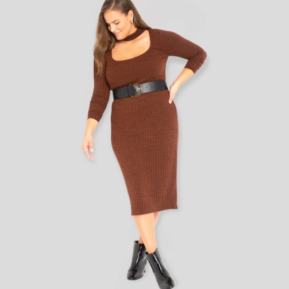 NWT Eloquii Ribbed Midi Dress With Neck Detail
